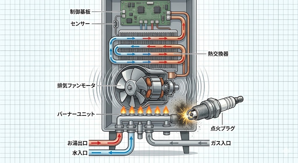 給湯器内部の点火プラグの様子