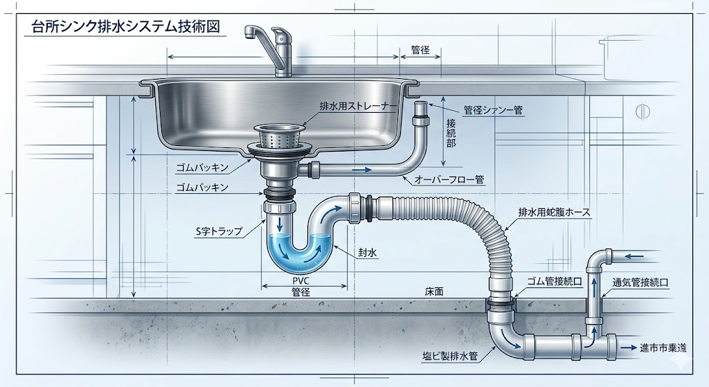 キッチンのS字トラップと排水ホースの概要