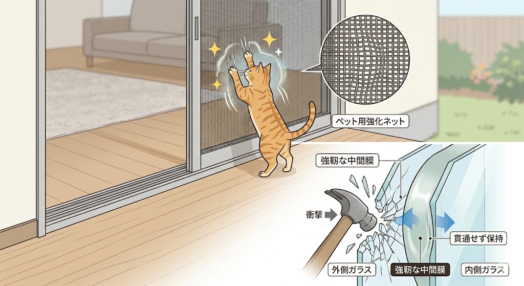 ペットの引っ掻きに強い丈夫なネット・防犯ガラス