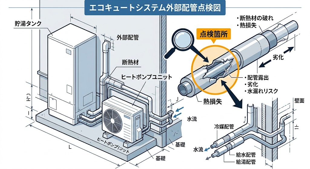 配管の断熱材の剥がれ