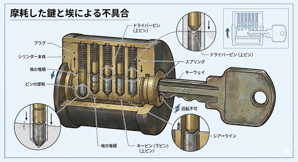 摩耗した鍵と埃による不具合