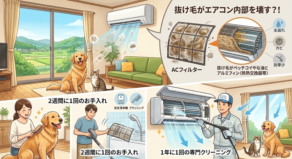 【佐賀県基山町】犬・猫の抜け毛がエアコンの故障原因に？プロが教えるペット飼育家庭向けの掃除術と対策