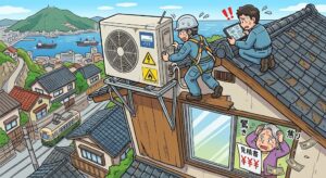 【長崎県】エアコン室外機が屋根・壁面にあって修理費用が高額に？特殊設置の追加料金のカラクリと解決策