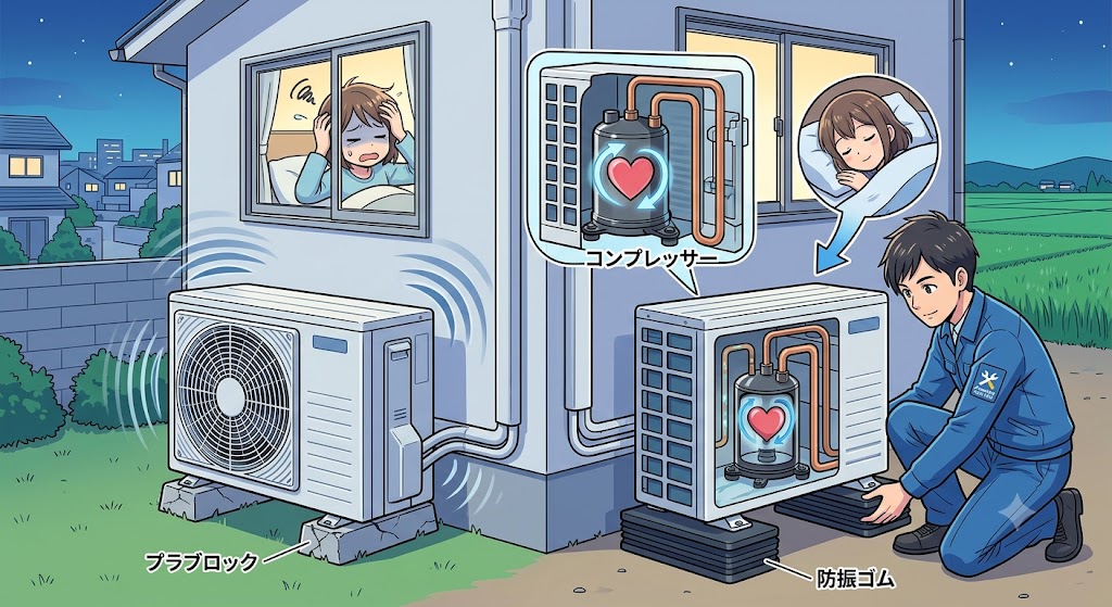室外機の振動が壁を伝ってうるさい！防振ゴムの効果と設置見直し