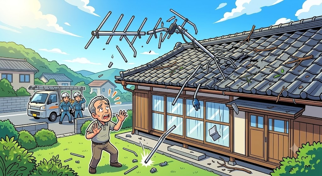 【岡山県浅口市】台風通過後に屋根からアンテナの破片が！二次被害を防ぐ緊急点検の重要性と対処法