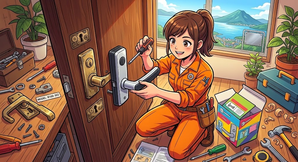 【滋賀県野洲市】古い玄関のレバーハンドルをプッシュプル錠にDIY交換！成功の鍵と技術的なハードル
