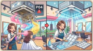 【神奈川県海老名市】美容室の業務用エアコンが頻繁に止まる？スプレー・薬剤によるフィルター詰まりの原因と確実な解決策