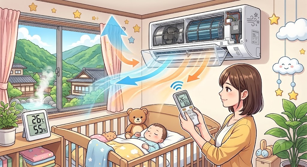【静岡県伊豆市】赤ちゃんを守る！新生児に最適なエアコンの温度・湿度管理と風よけの極意