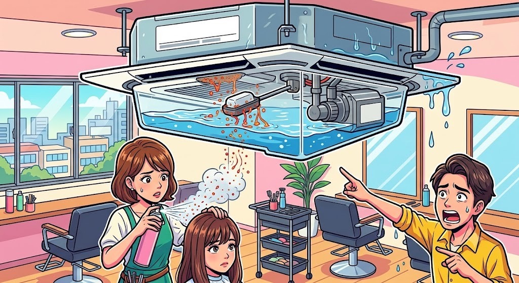 【東京都調布市】美容室の業務用エアコンで水漏れエラーが頻発する原因は？ヘアスプレー樹脂の固着と解決策