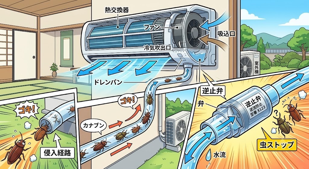 【福島県金山町】エアコンから虫が！？ドレンホースからの侵入経路と逆止弁の確実な防虫対策