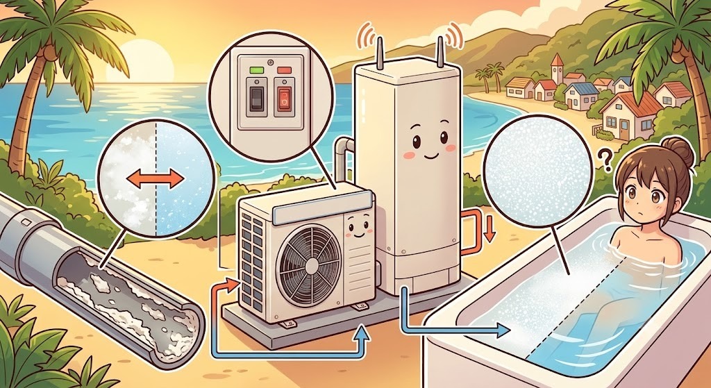 【東京都小笠原村】エコキュートのお湯が白く濁る？気泡と配管汚れ（スケール）の確実な見分け方と対処法