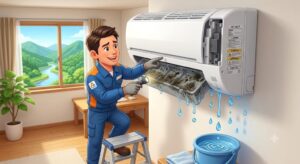 【熊本県球磨村】エアコン室内機の右側からポタポタ水漏れ！ドレンパンの傾きと汚れを確認する方法