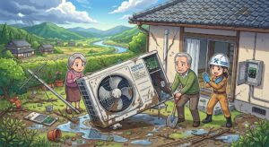 【宮崎県木城町】台風のあとエアコンが動かない！室外機の浸水・転倒時に絶対やってはいけない行動と対処法