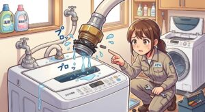 【埼玉県小川町】洗濯機の給水ホース根元からポタポタ水漏れ！ニップルとパッキンの劣化が原因？安全な対処法