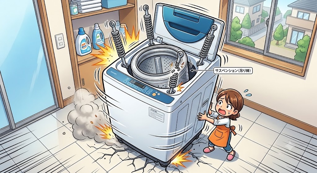 【埼玉県坂戸市】脱水中の洗濯機が激しく揺れて移動する原因とは？サスペンション（吊り棒）の異常と解決法