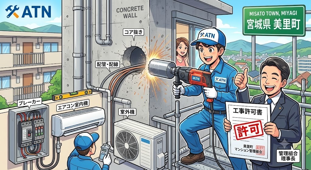 【宮城県美里町】マンションのコンクリート壁にエアコンを設置するには？コア抜き工事と管理組合許可のポイント