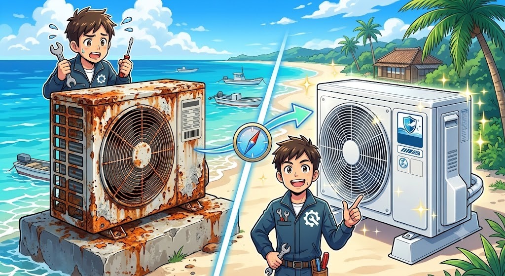 【鹿児島県与論町】室外機のサビが止まらない！激しい塩害によるエアコン故障のリスクと耐塩害モデルへの交換ガイド