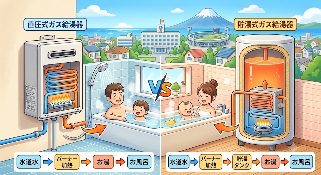 【神奈川県平塚市】ガス給湯器の仕組みを徹底解説！直圧式と貯湯式の違いと快適な給湯器の選び方