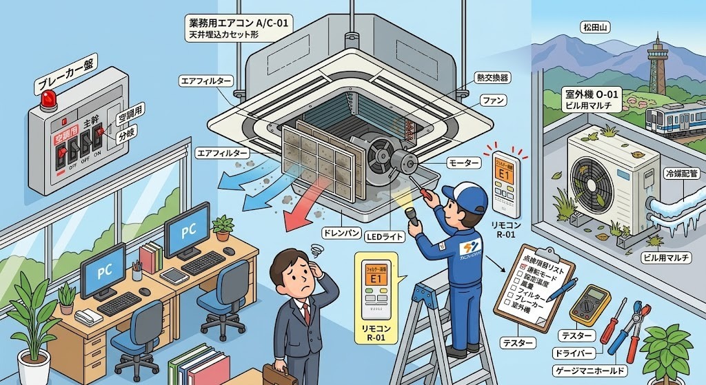 【神奈川県松田町】オフィスの空調が効かない！業務用エアコンの冷房・暖房不良の原因と安全な確認手順