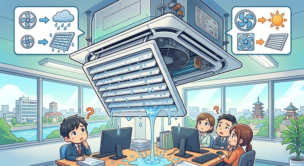 【千葉県市川市】業務用エアコンのルーバーから水漏れ？結露の原因となる風量と湿度の関係を技術者が解説