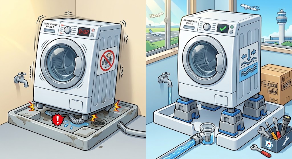 【千葉県成田市】ドラム式洗濯機への買い替えで搬入できない？防水パンの寸法不足を解決する「かさ上げ」設置術