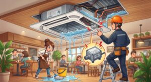 【東京都武蔵野市】店舗の天井カセット型エアコンから水漏れ！ドレンポンプ異常の原因と迅速な解決策