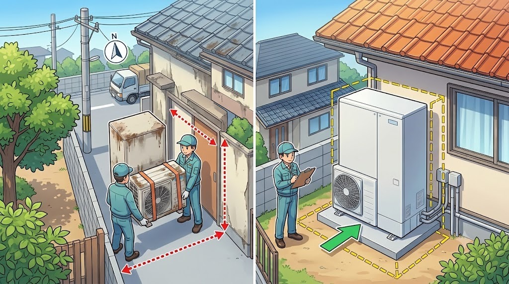 【埼玉県越谷市】エコキュート買い替えの落とし穴を回避！搬入経路と設置スペースの確認ガイド